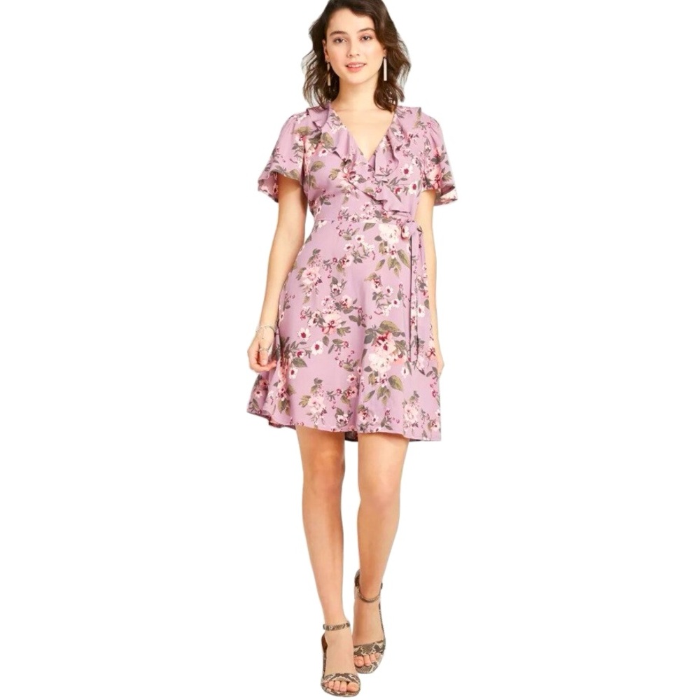 Size XS New Target Xhilaration Purple Floral Back Zipper Faux Wrap Mini Dress